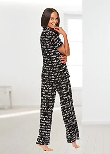 bebe Womens 2 Piece Notch Collar Short Sleeve Button Down Shirt and Long Pajama Pants Set (Midnight Lavender, 2X)