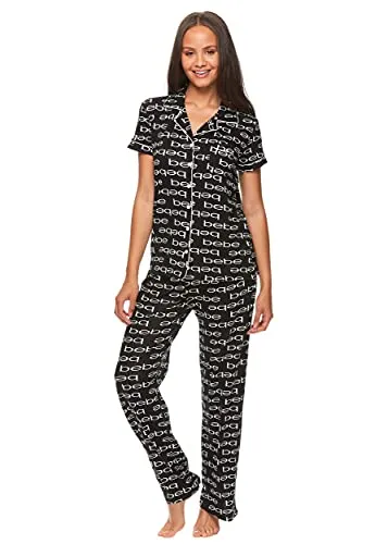 bebe Womens 2 Piece Notch Collar Short Sleeve Button Down Shirt and Long Pajama Pants Set (Midnight Lavender, 2X)