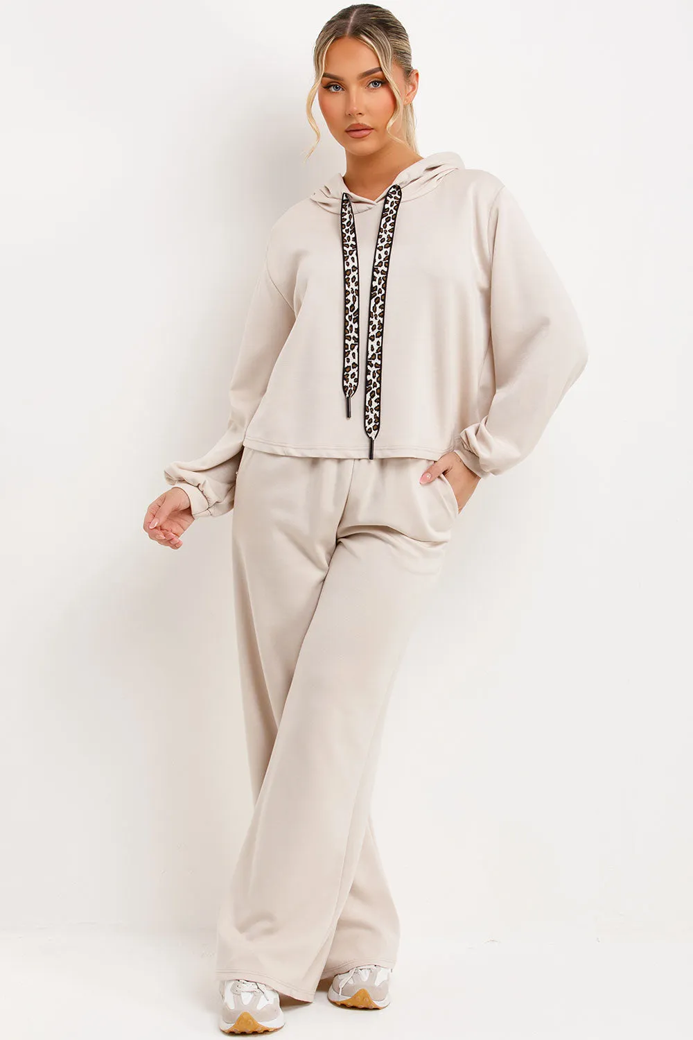 Beige Hoodie And Jogger Trouser Lounge Set With Leopard Print Straps