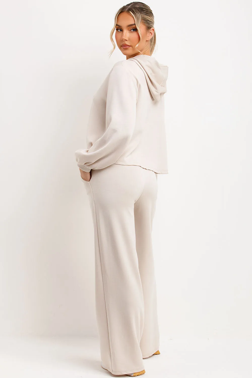 Beige Hoodie And Jogger Trouser Lounge Set With Leopard Print Straps