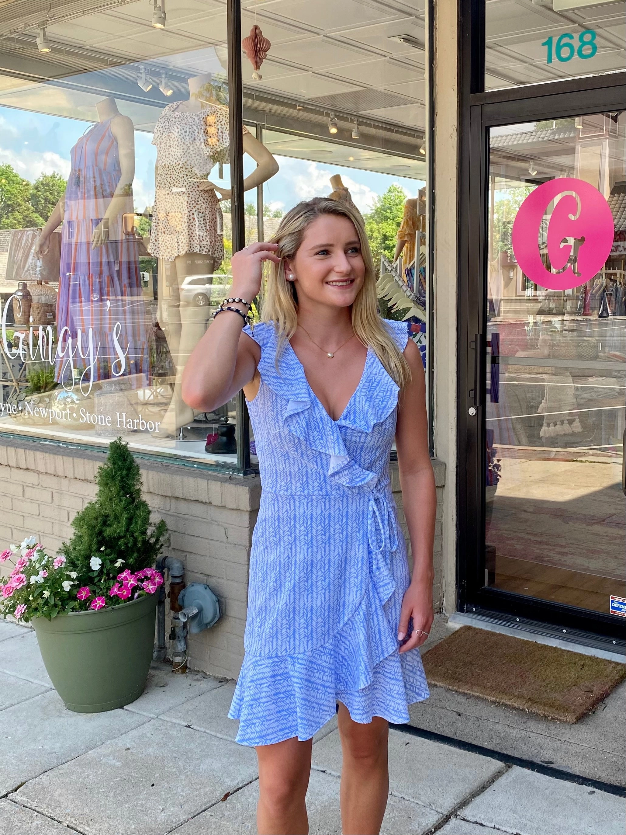 Mesh Soft Naples Faux Wrap Dress Ferns Cornflower Blue