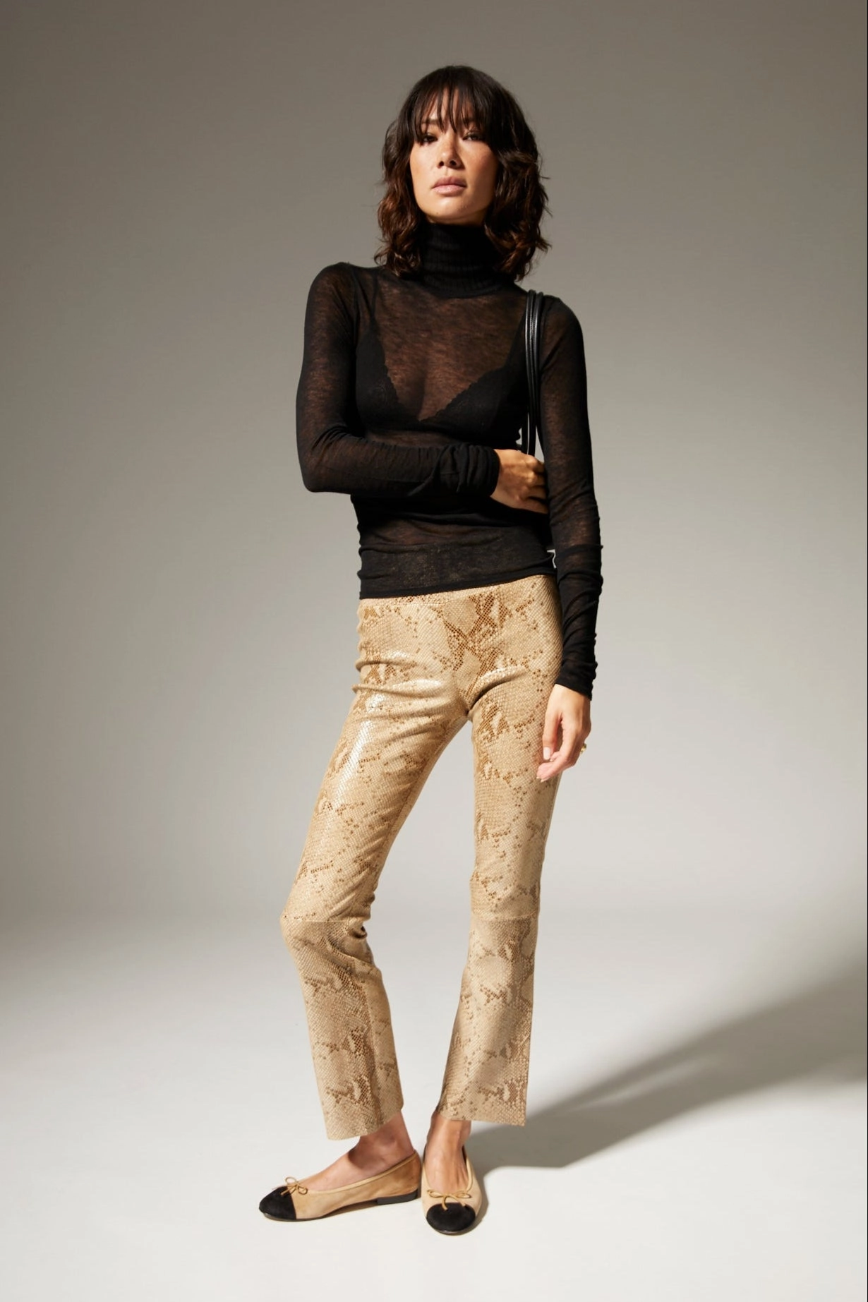 Beige Python Leather Ankle Flare Flexible Stretch Material