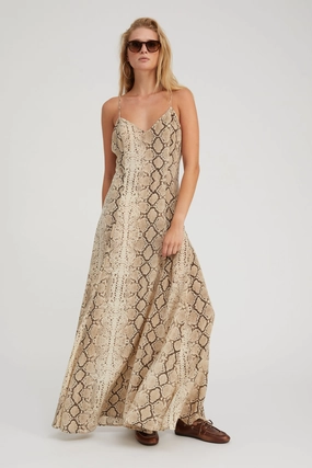 Beige Snakeskin Silk Maxi Dress Dropped-Waist Polished and Elegant