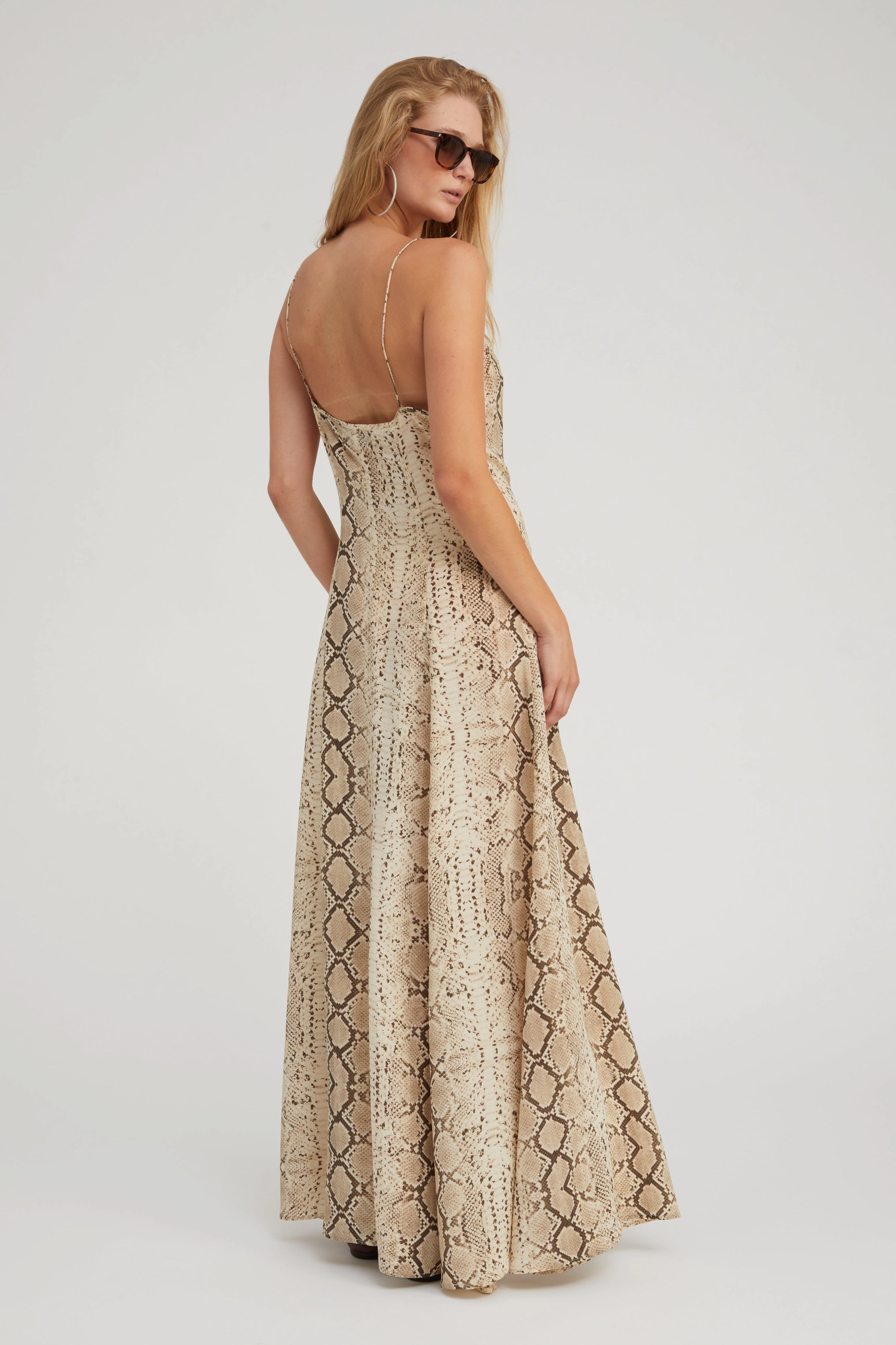 Flowy-Shape Spring Style Beige Snakeskin Silk Maxi Dress
