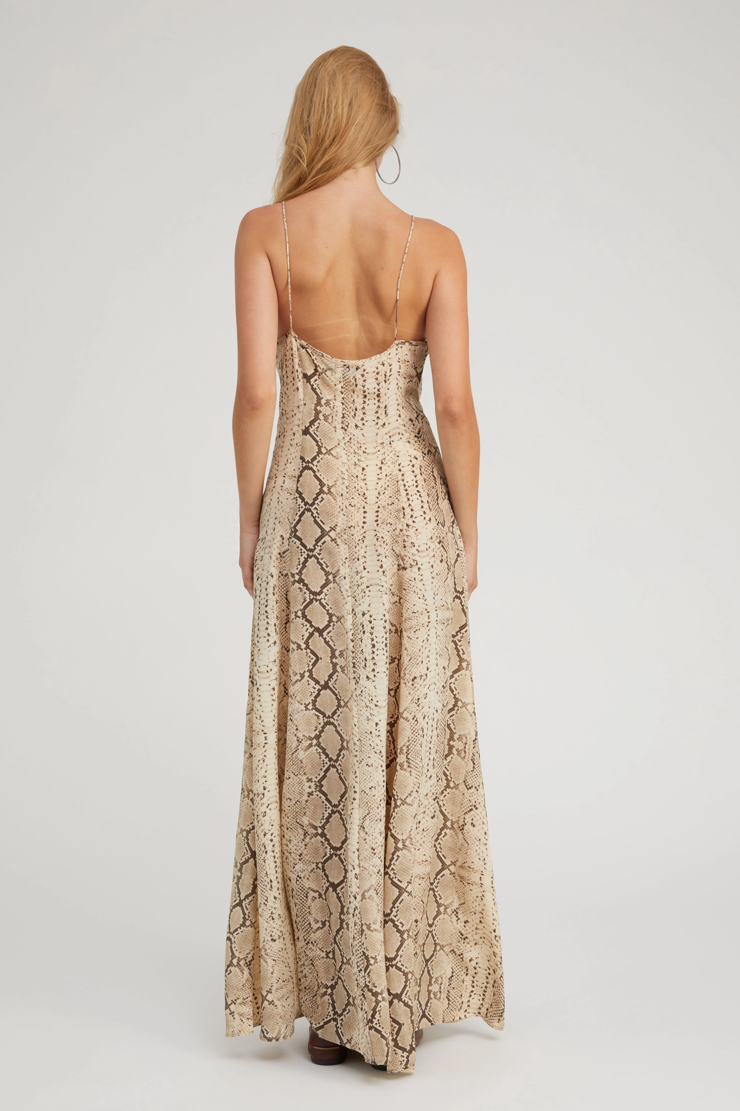 Petite-Size Chic Rhythm Beige Snakeskin Silk Maxi Dress
