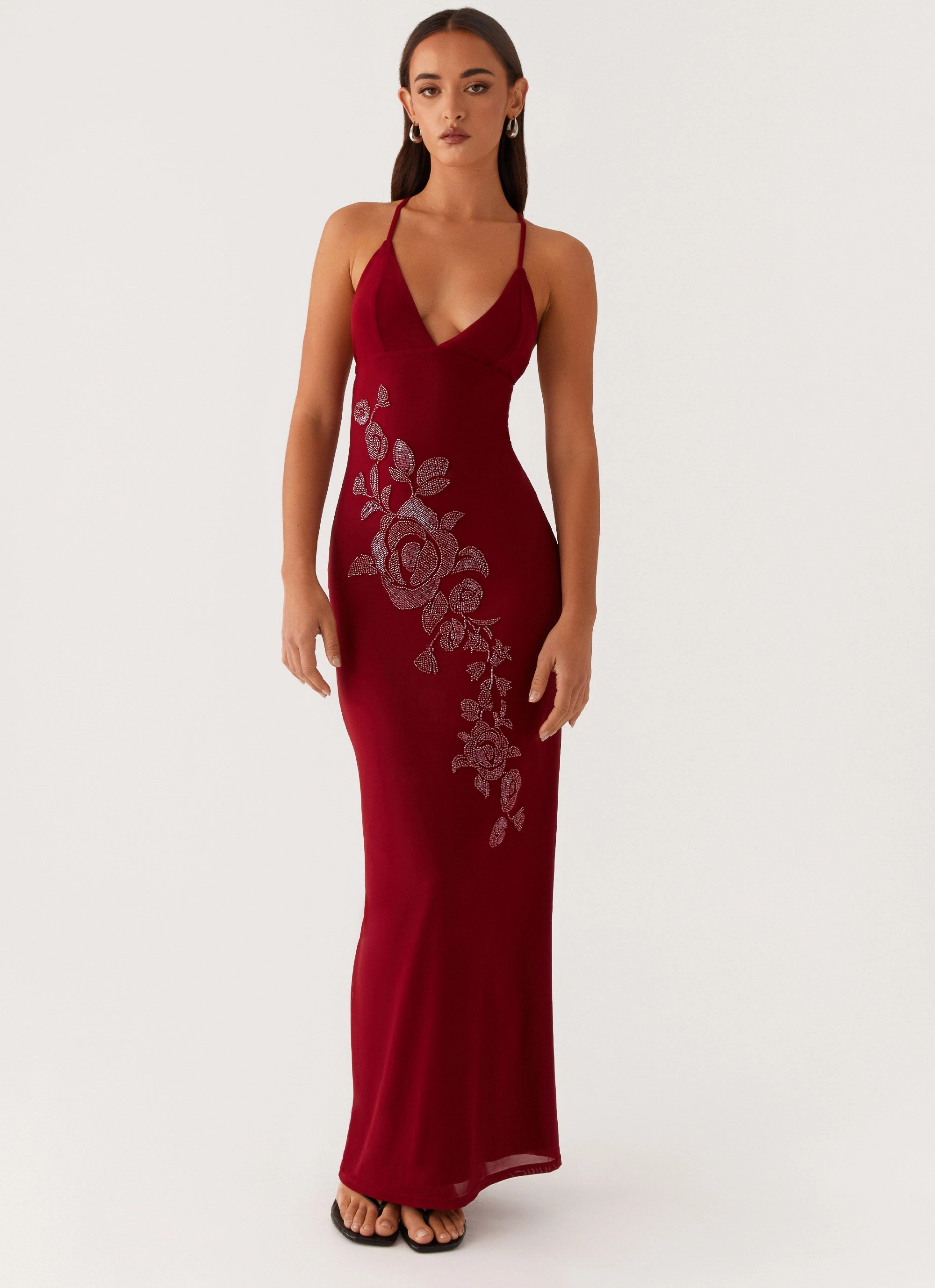 Beki Beaded Mesh Maxi Dress - Deep Red Underwire-Support