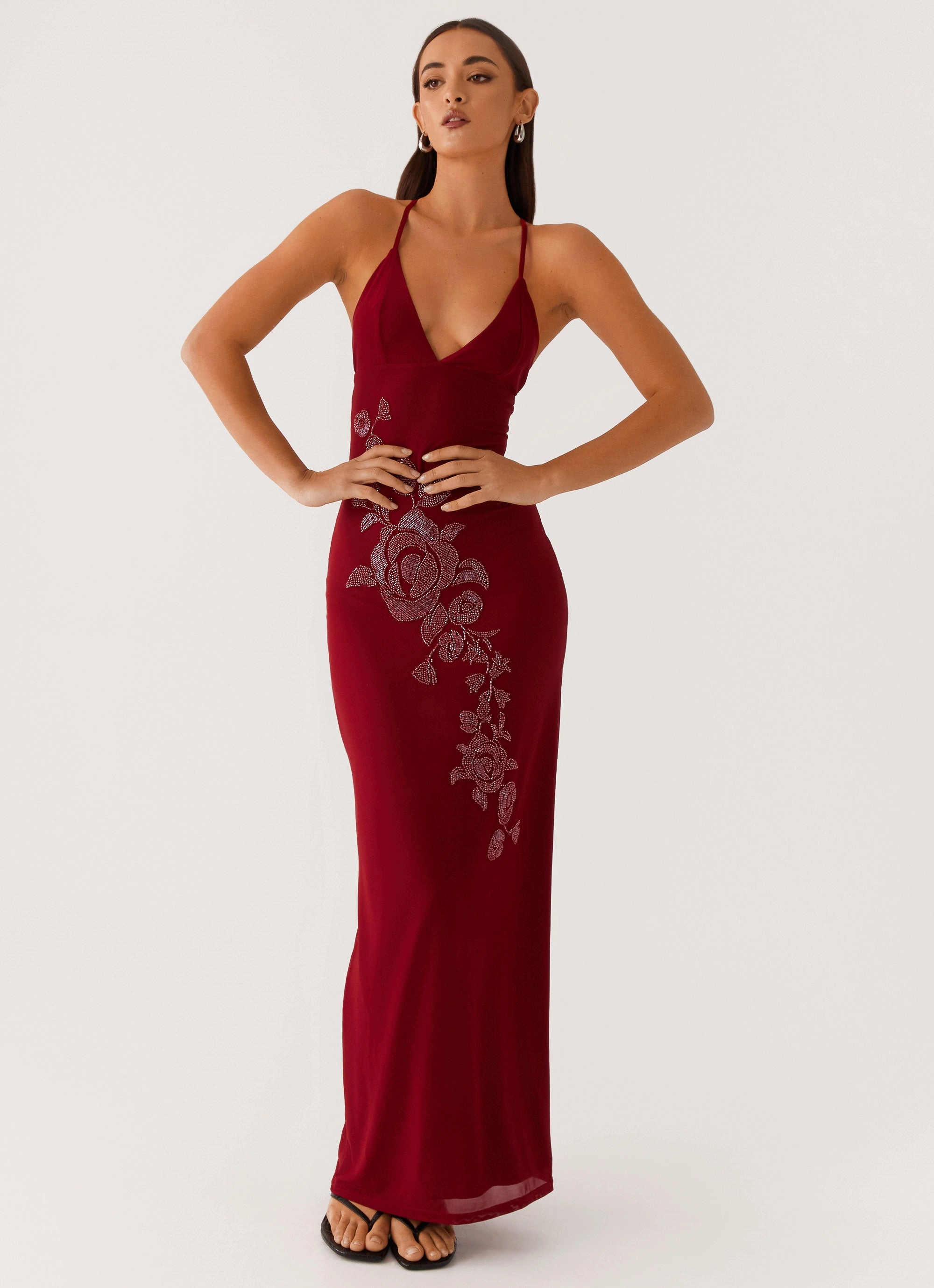 Neutral Tones Hidden-Pocket Beki Beaded Mesh Maxi Dress - Deep Red