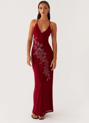 Beki Beaded Mesh Maxi Dress - Deep Red Underwire-Support