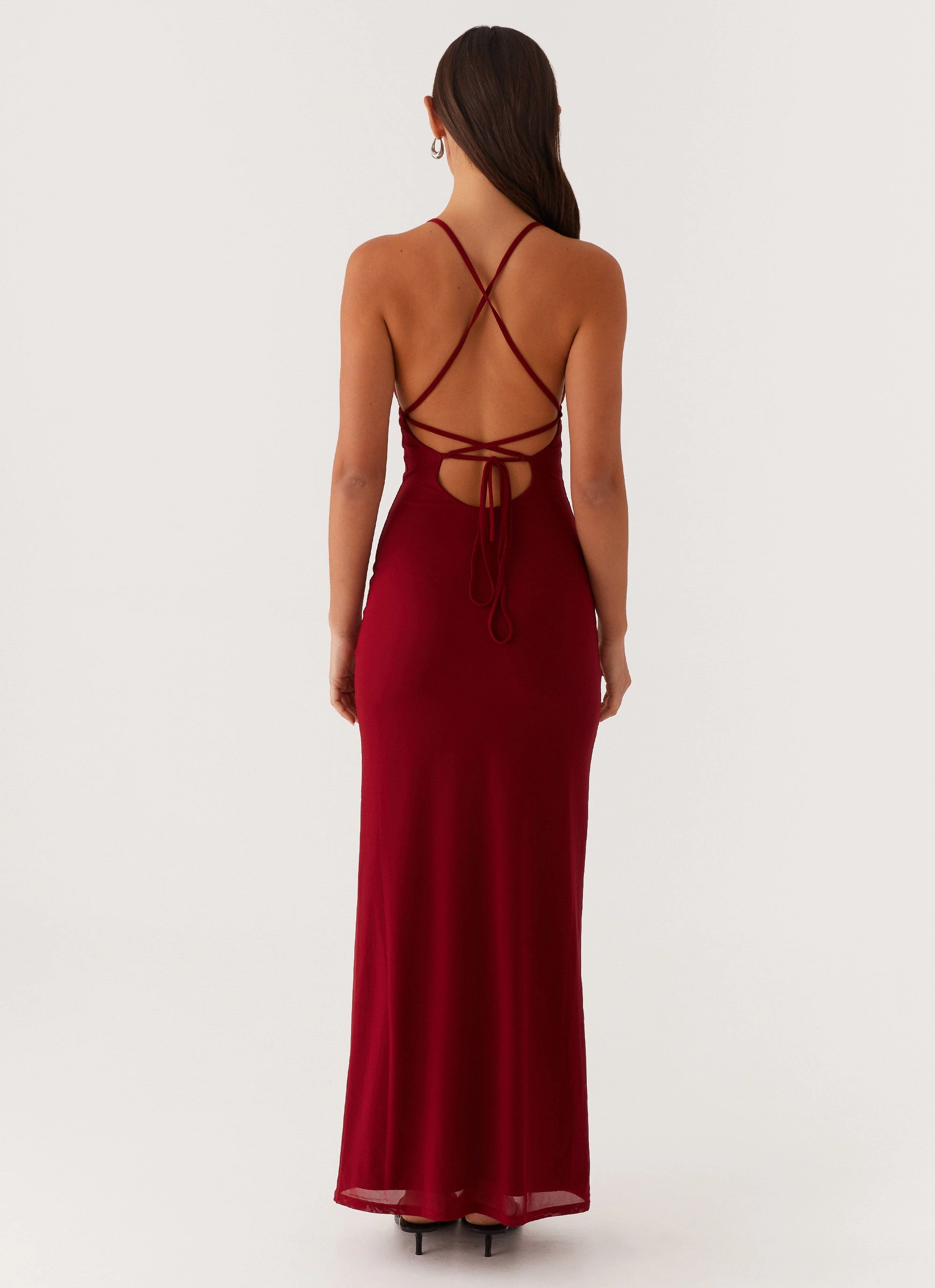 Beki Beaded Mesh Maxi Dress - Deep Red Sleek Design