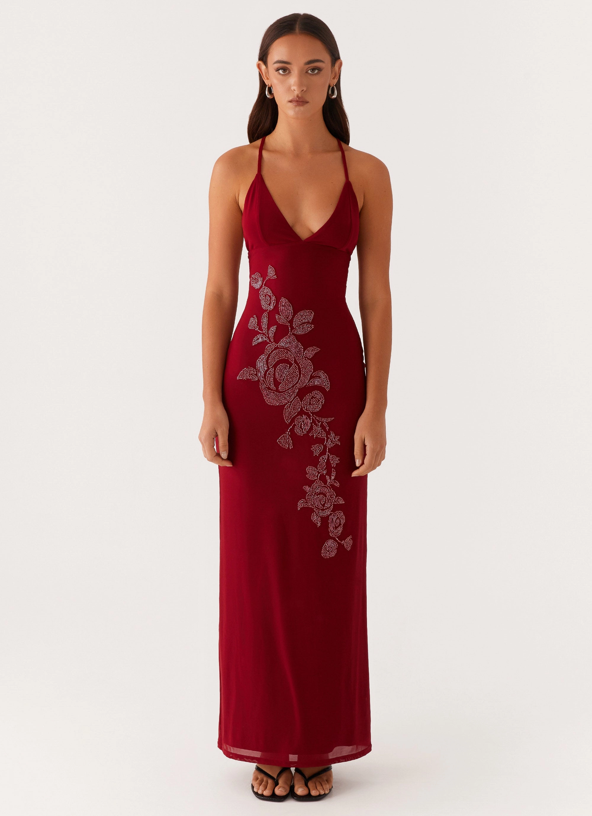 Beki Beaded Mesh Maxi Dress - Deep Red LowProfileZipper Timeless Style Wear