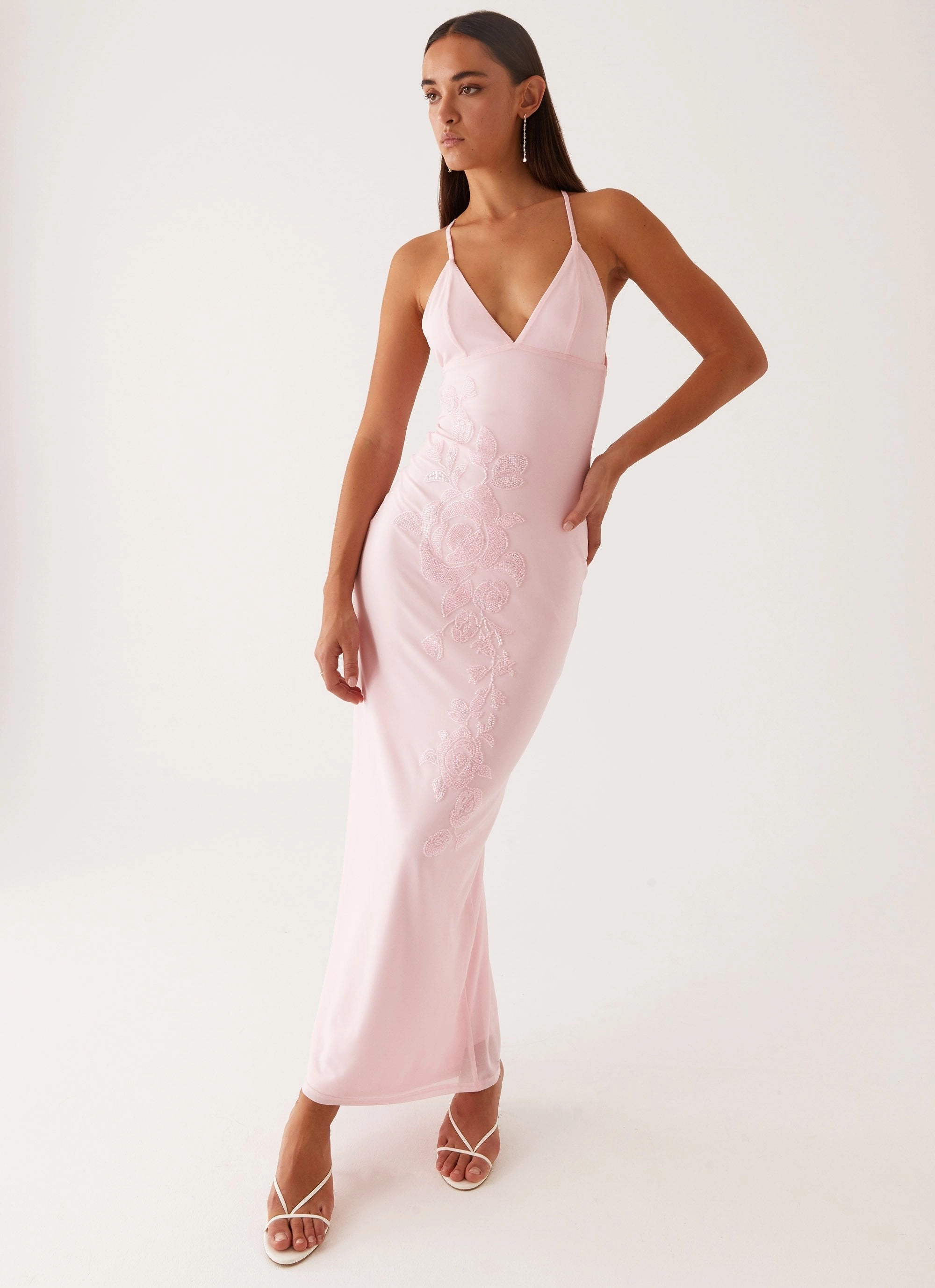 Sophisticated Waistband Fit Beki Beaded Mesh Maxi Dress - Pink