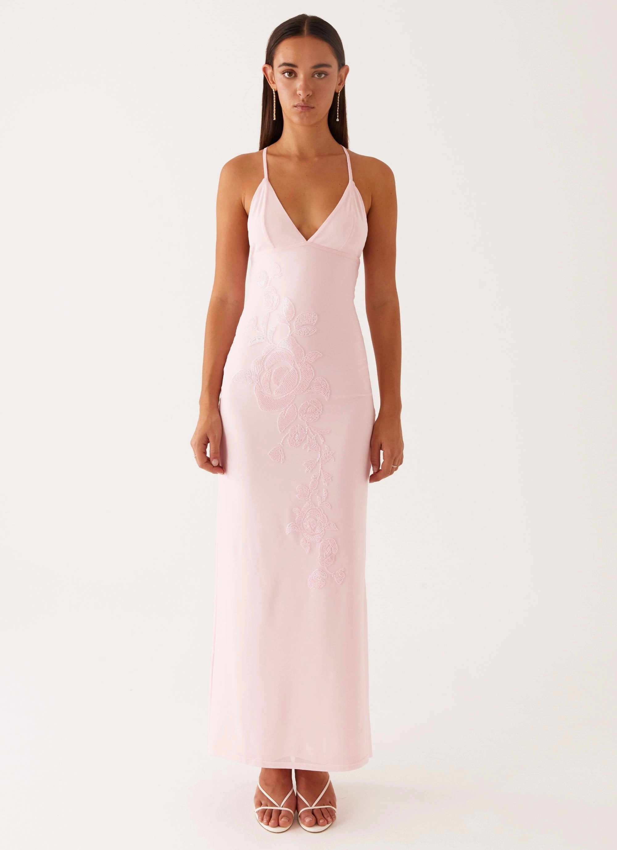 Asymmetrical hem Flattering Look Wear Beki Beaded Mesh Maxi Dress - Pink