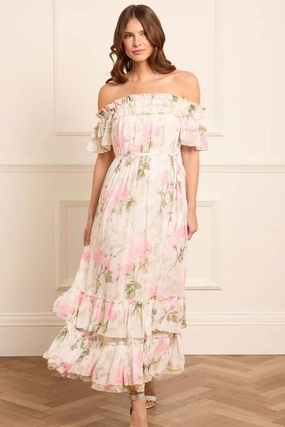 Rose Chiffon Off-Shoulder Ankle Gown Flowing Lines Luxe Look