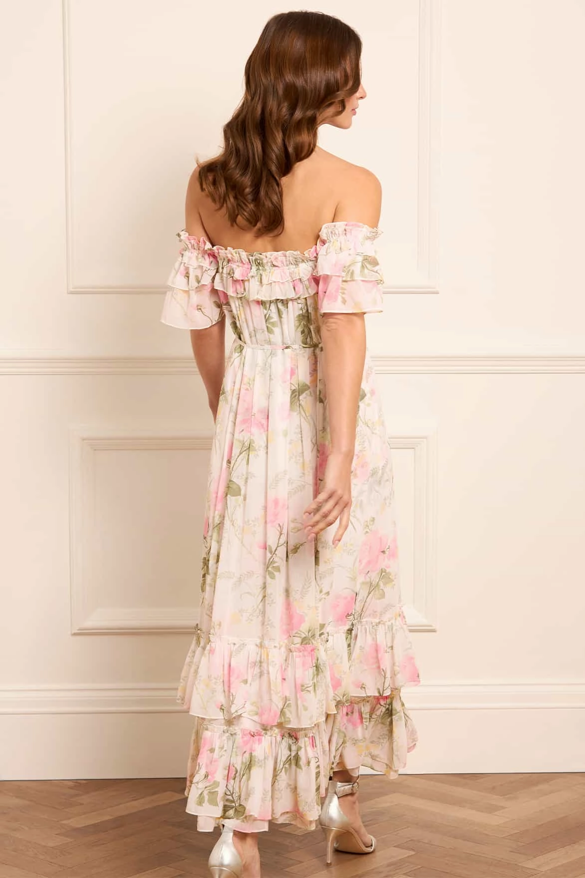 Soft Waist sophisticated appearance Rose Chiffon Off-Shoulder Ankle Gown