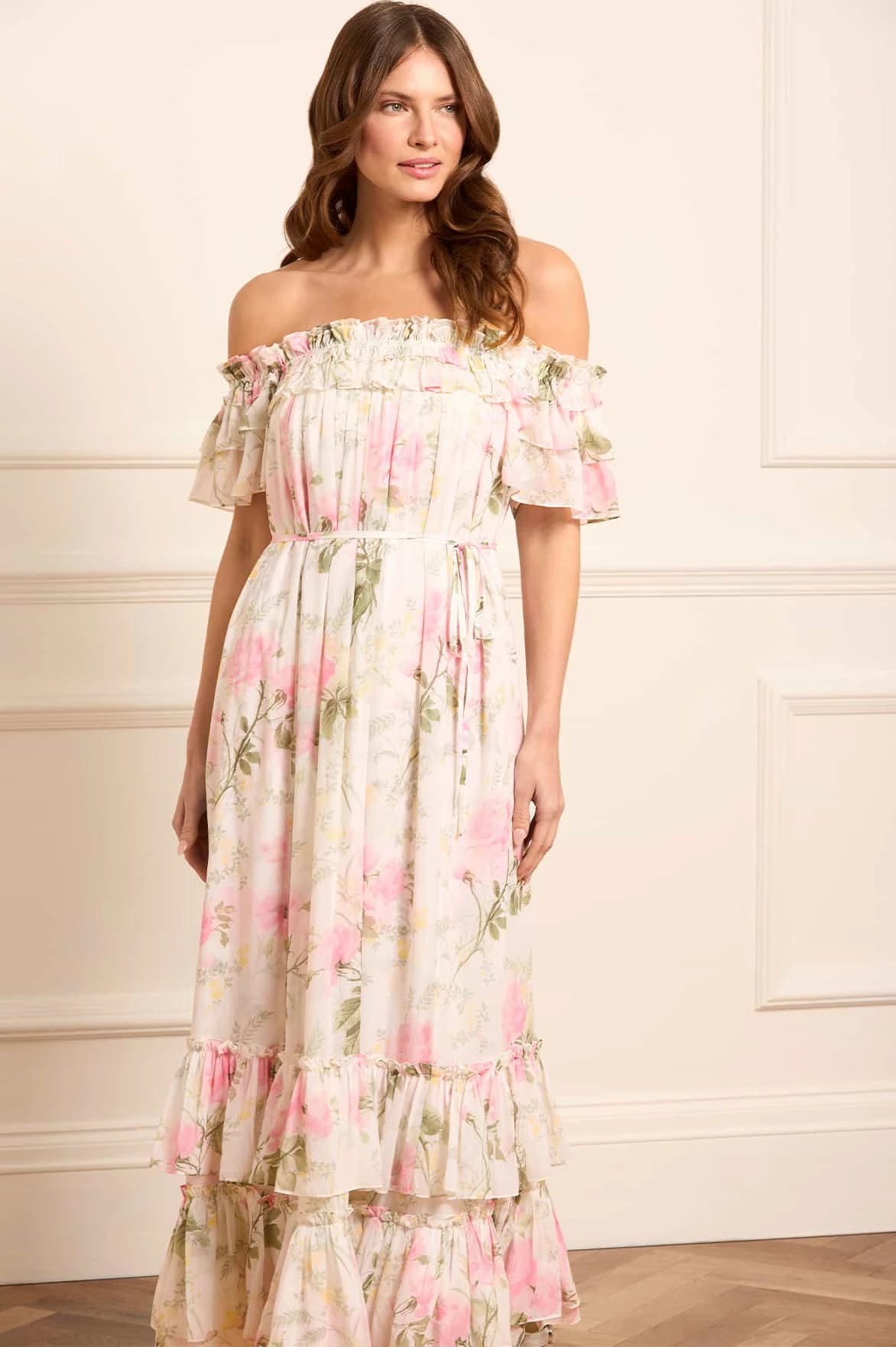 Rose Chiffon Off-Shoulder Ankle Gown Gentle Look Gloss Finish