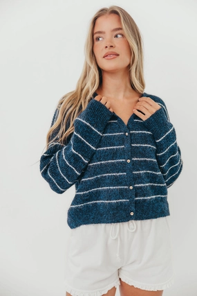 Flexible Knit Blend BondedSeamTechnology Bellevue Cardigan Top in Navy Ivory