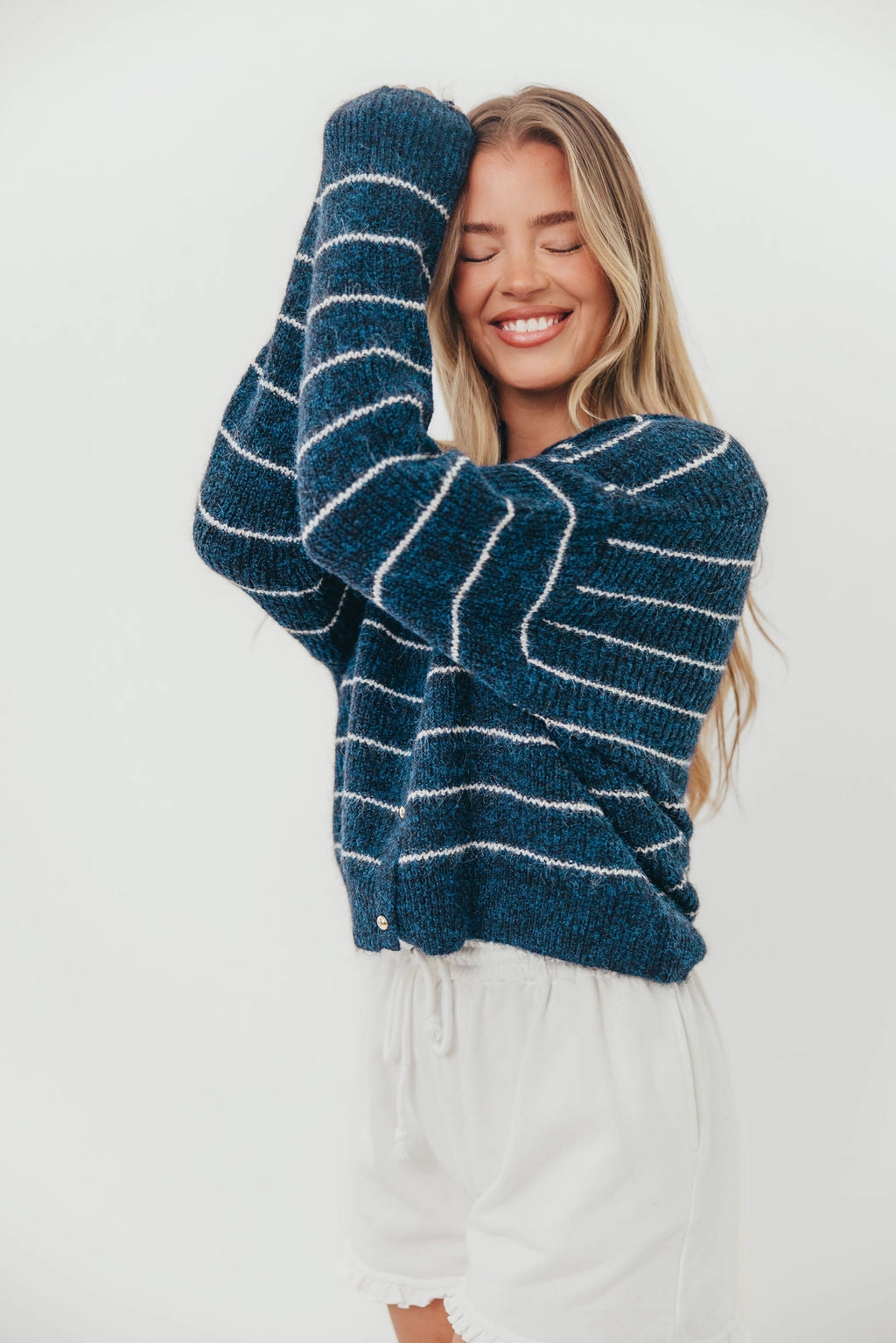 Bellevue Cardigan Top in Navy Ivory Reinforced Seam Technique