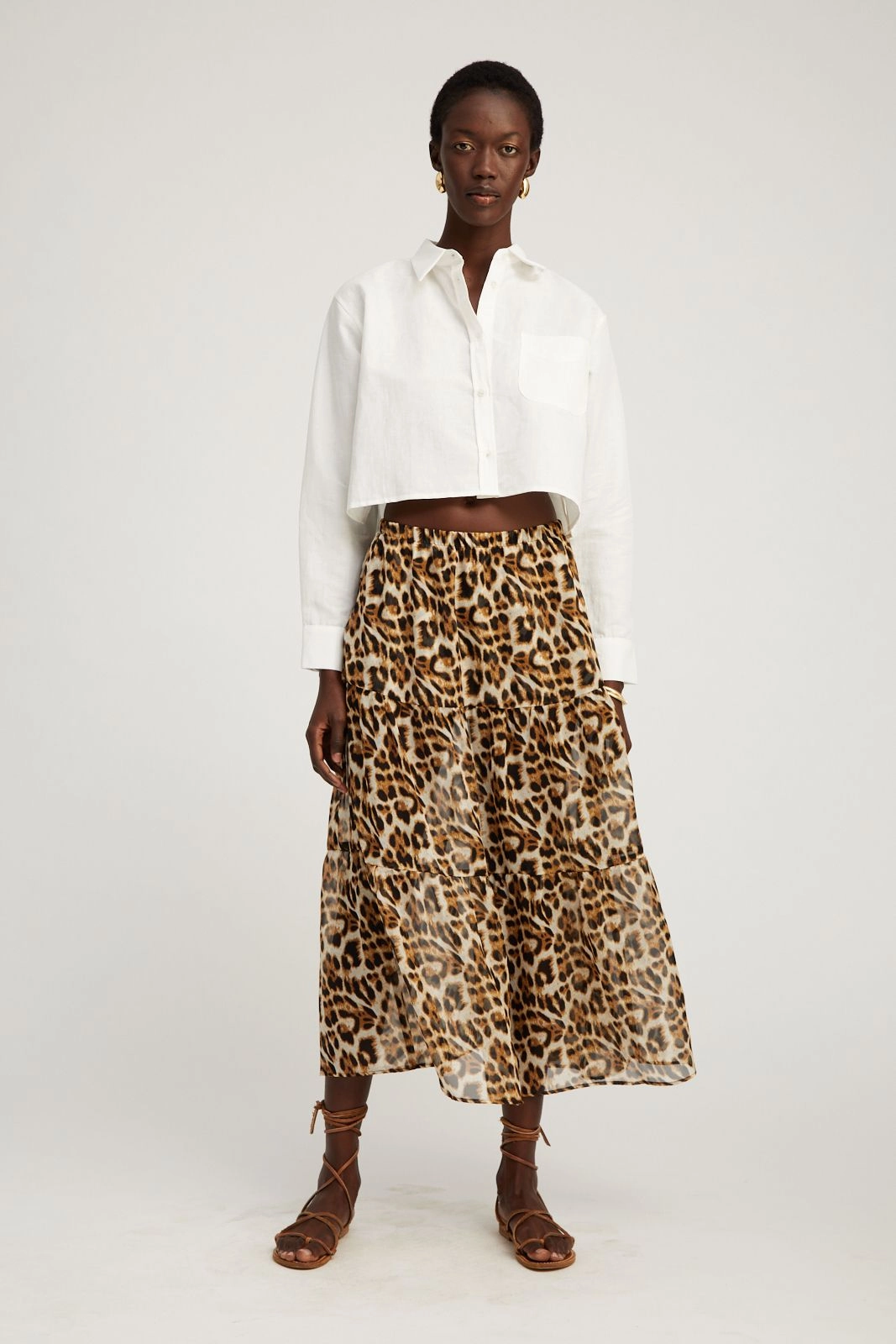 Subtle Details Leopard Silk Chiffon Tiered Maxi Skirt