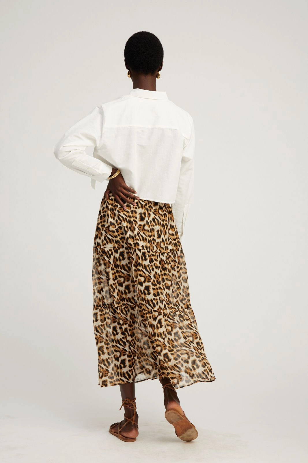 Leather Look City Wear Leopard Silk Chiffon Tiered Maxi Skirt