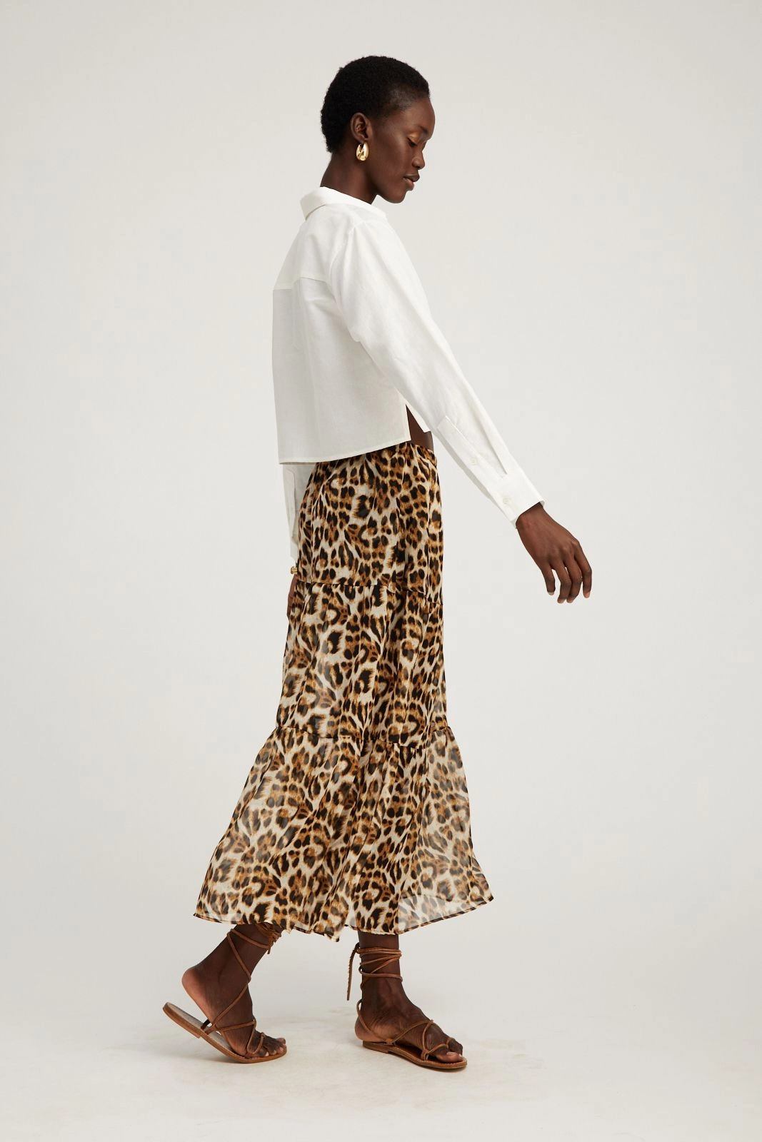 Festival Outfit Back Slit Leopard Silk Chiffon Tiered Maxi Skirt