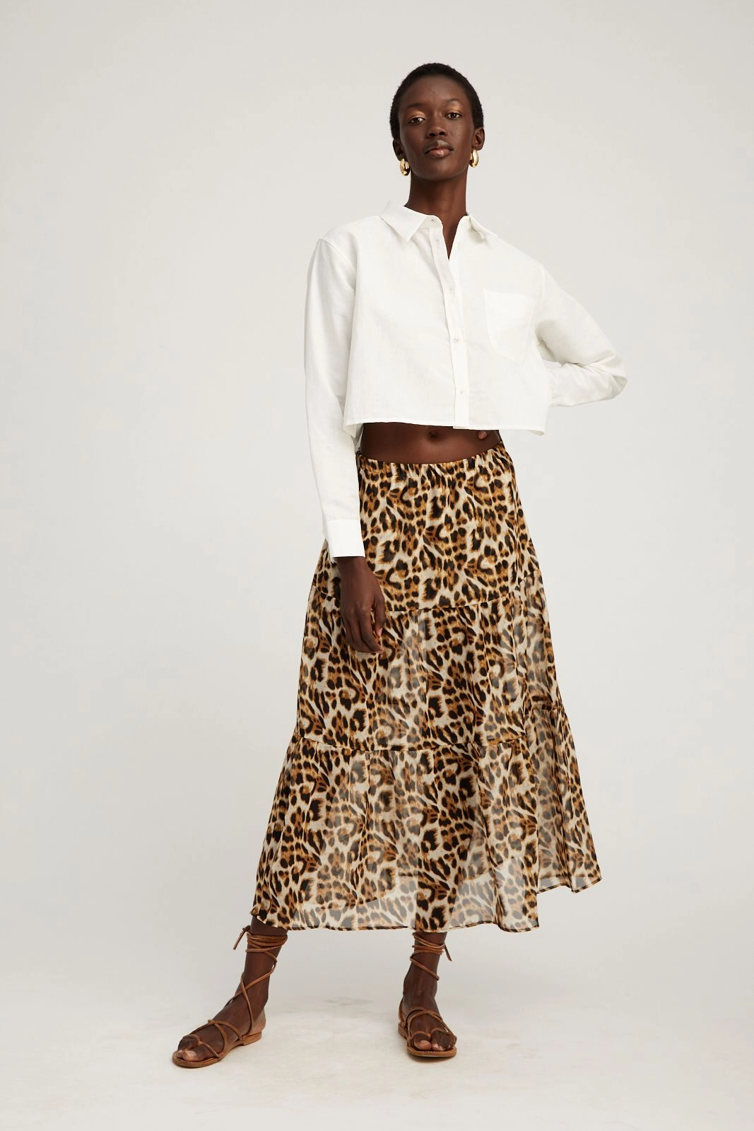 Multi Purpose Fabric Refined Sophistication Leopard Silk Chiffon Tiered Maxi Skirt