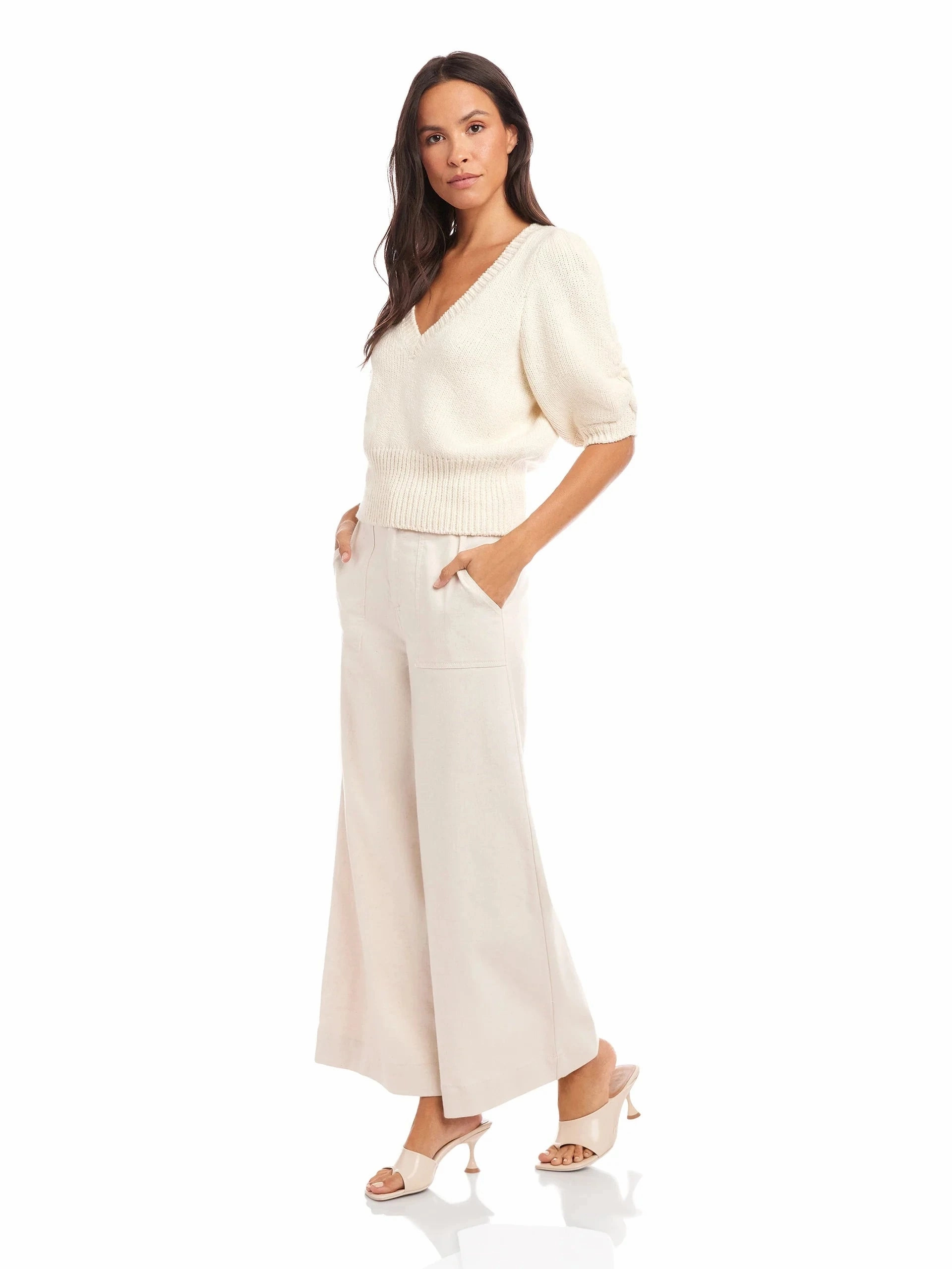 Bennet Shirred Sleeve Sweater Ecru Contrast Stitching Lightweight pullover