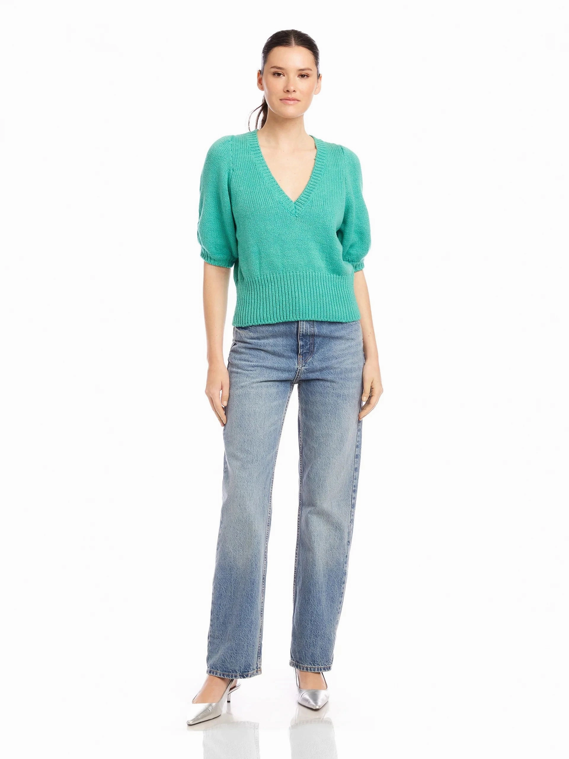 Bennet Shirred Sleeve Sweater Teal HeatSealed Seams