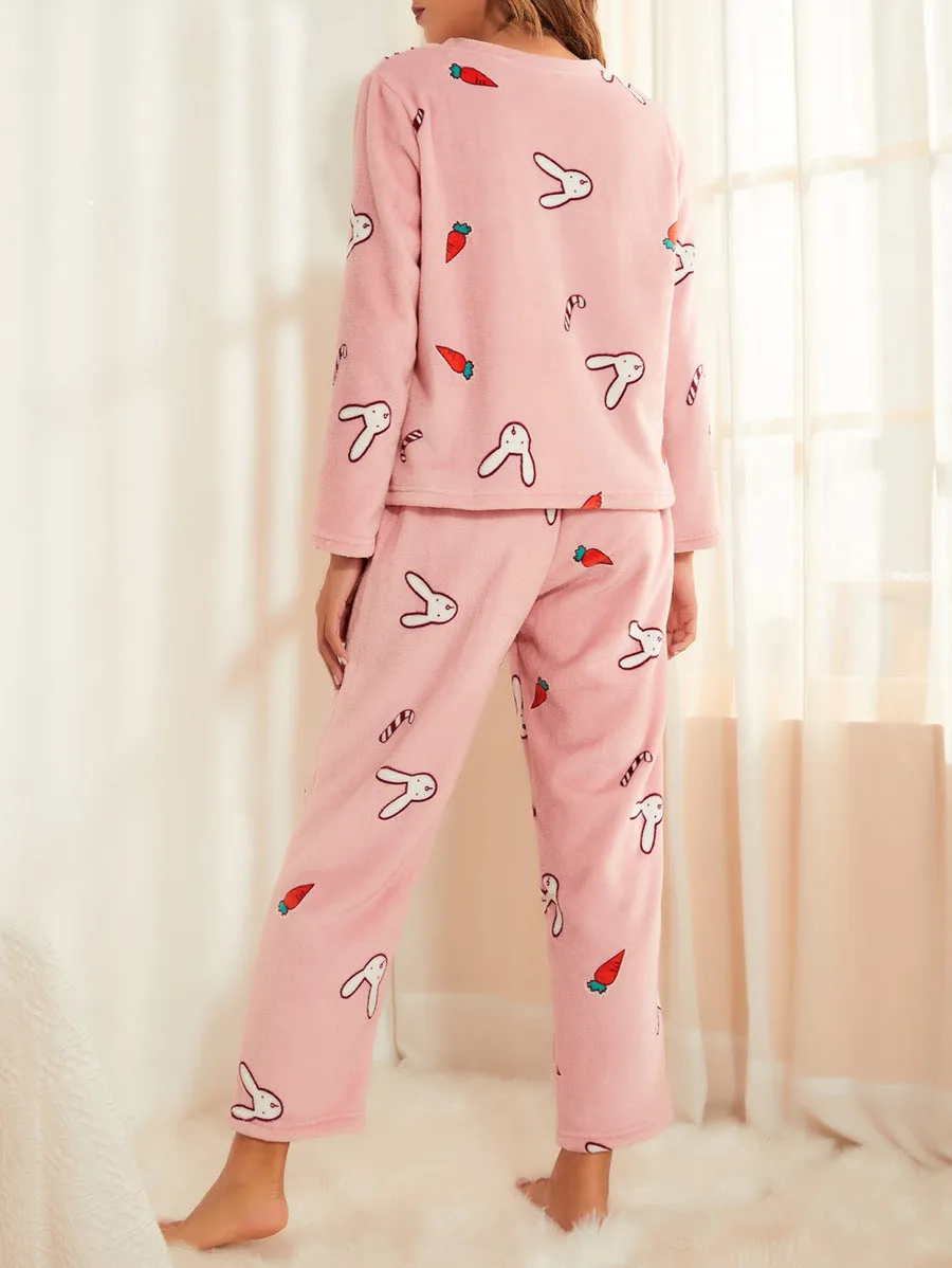 BerriesJam - Cartoon Printed Flannel Home Pajamas Set