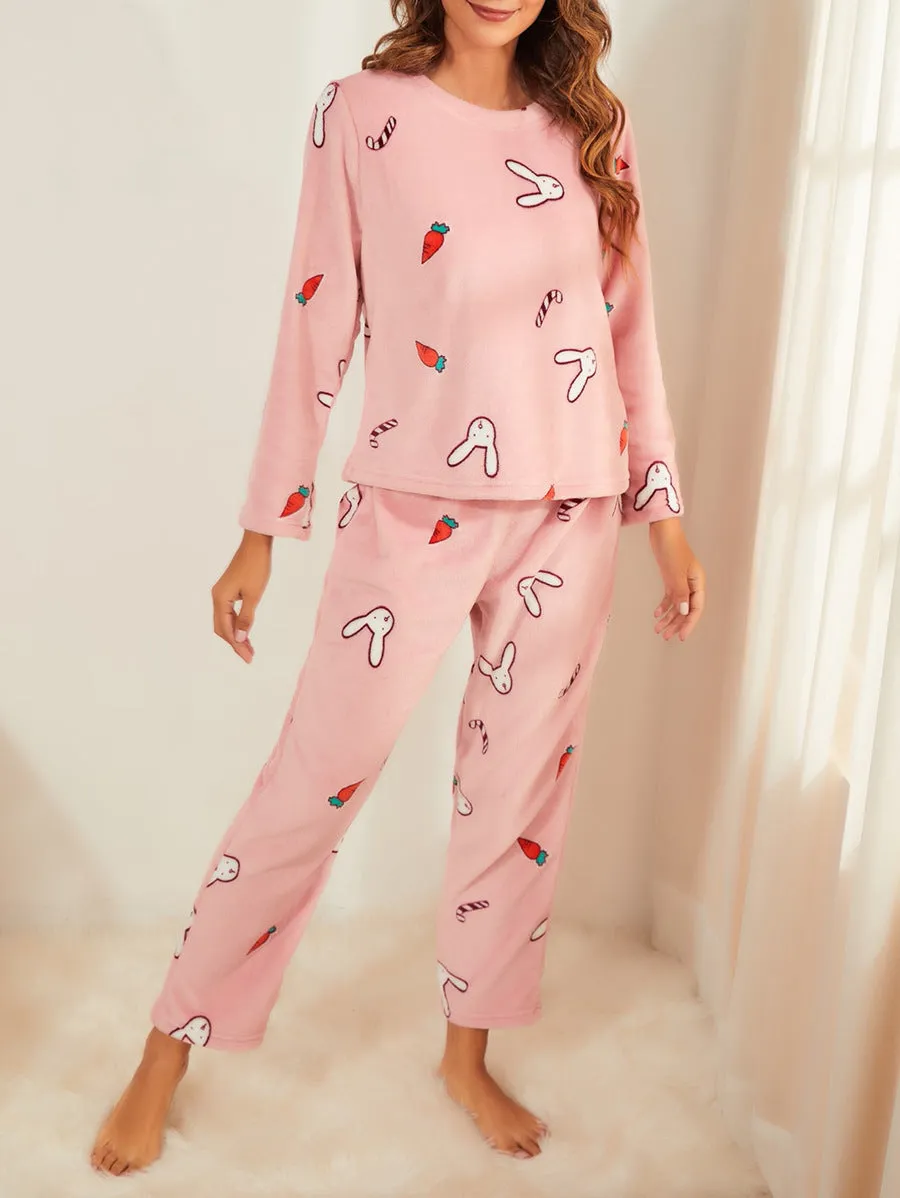 BerriesJam - Cartoon Printed Flannel Home Pajamas Set
