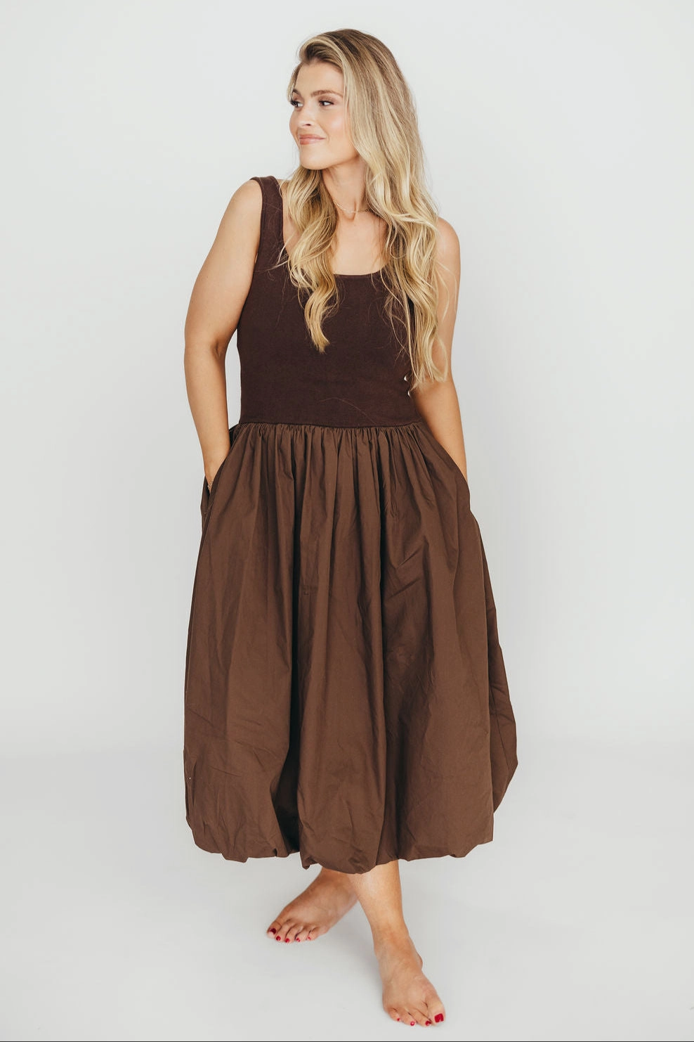 Modern Fit Cap-Sleeve Betty Midi Dress in Brown *Final-Sale*