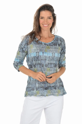 Beveled Edge Crinkle Burnout Button-Back Top Ribbed Neckline