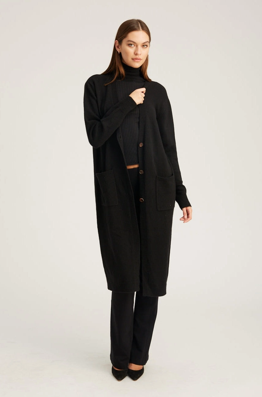 Black Cashmere Long Cardigan Garment Washed Finish