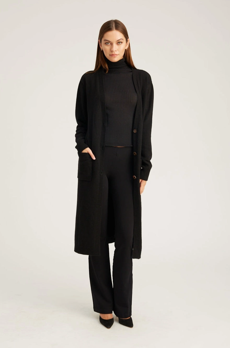 PlushLining Structured Shoulder Black Cashmere Long Cardigan