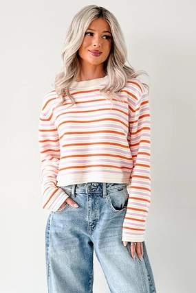 AntiPillingTreatment Hidden Pocket Sunset Feelings Stripe Knit Sweater (Cream/Pink/Orange)