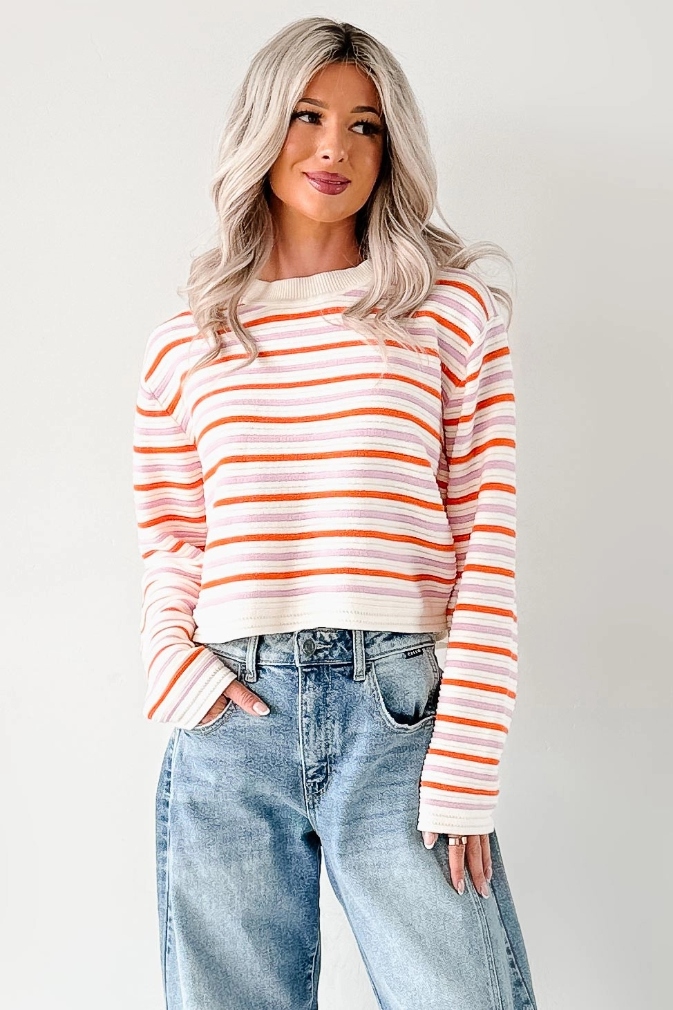 Gym Wear Printed top Sunset Feelings Stripe Knit Sweater (Cream/Pink/Orange)