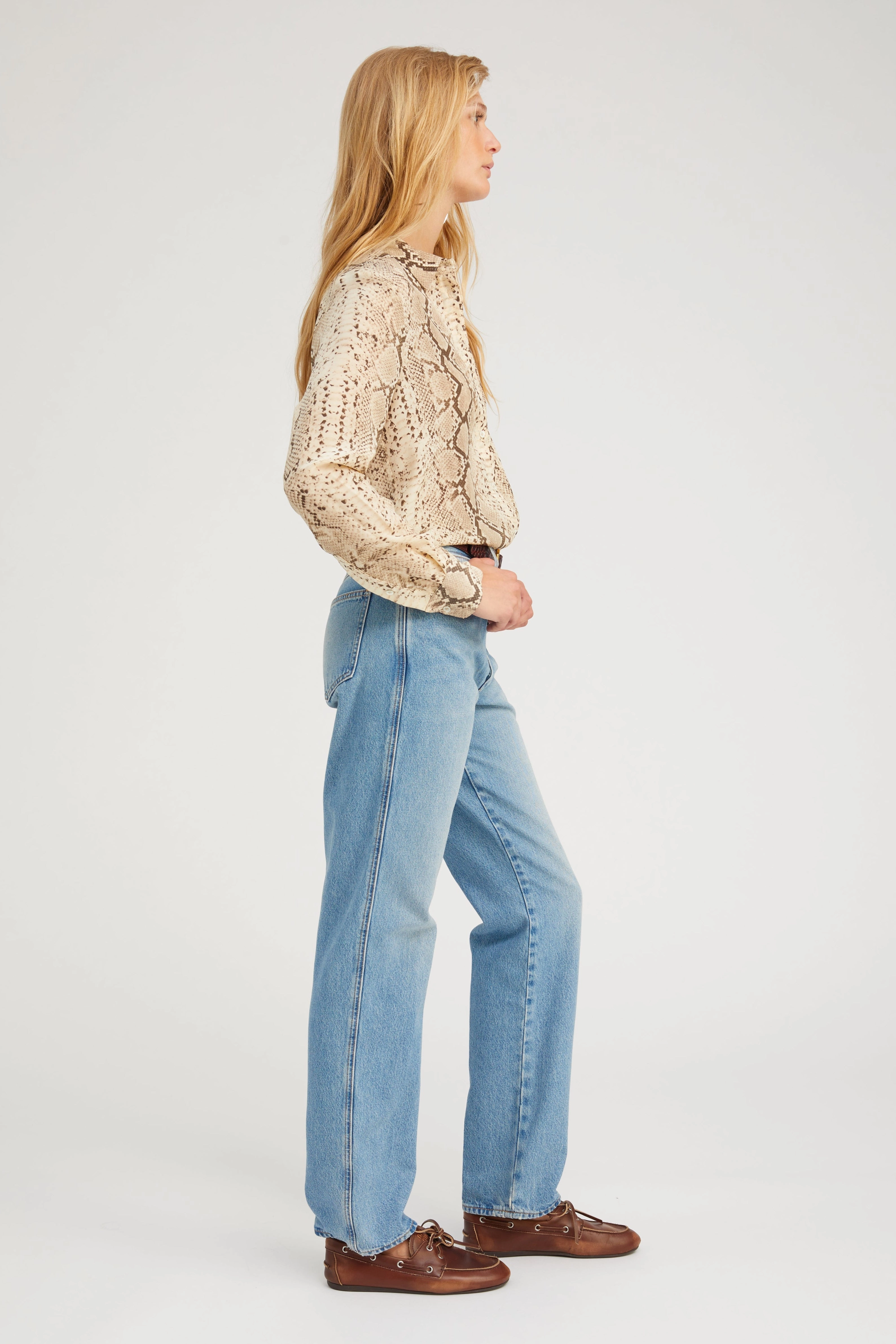 DoubleStitched Hem Beige Snakeskin Silk Fitted Button Down