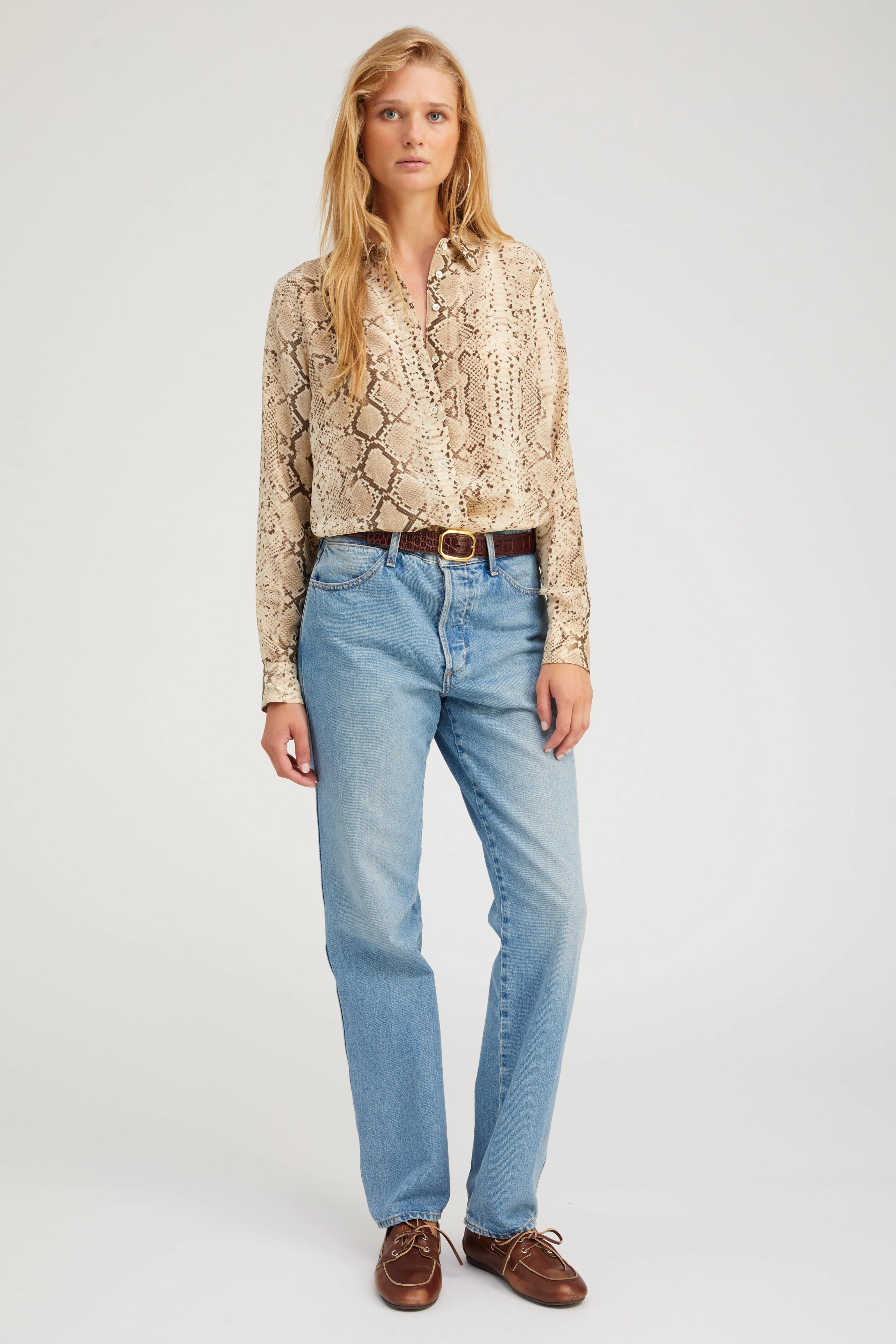 Easy Care Material AdjustableCuffs Beige Snakeskin Silk Fitted Button Down
