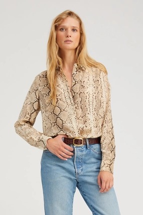 Organic Cotton Fiber Beige Snakeskin Silk Fitted Button Down