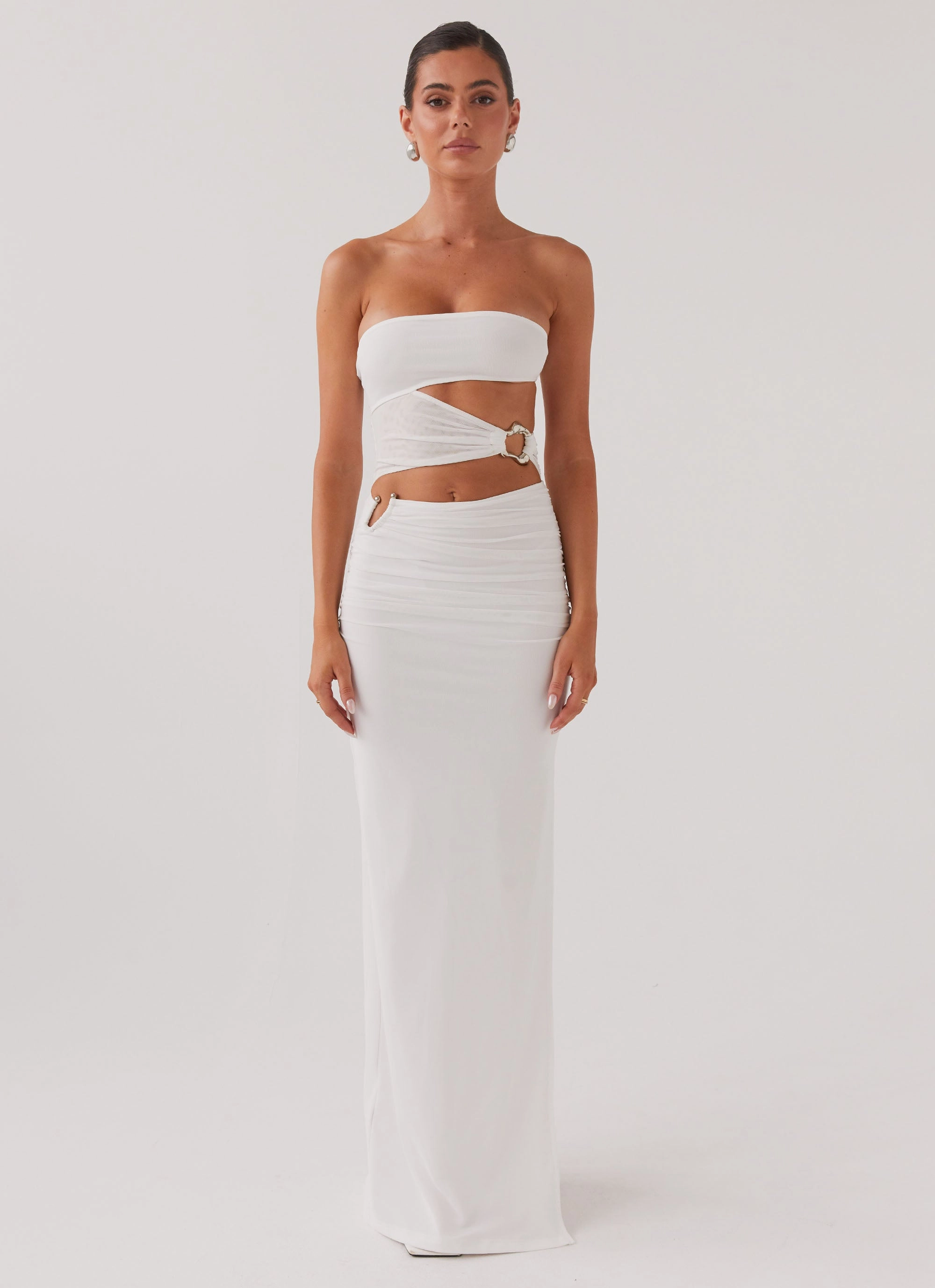 Fashionable Layers Layered Texture Into Pieces Mesh Maxi Dress - White