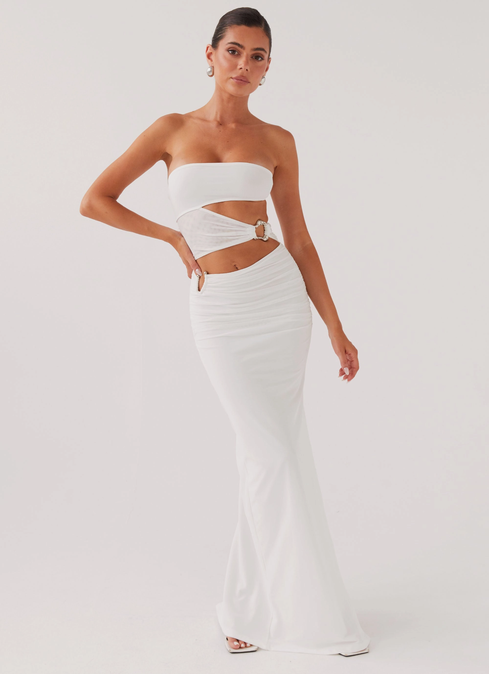 Into Pieces Mesh Maxi Dress - White Pose Sweet Festival-Ready