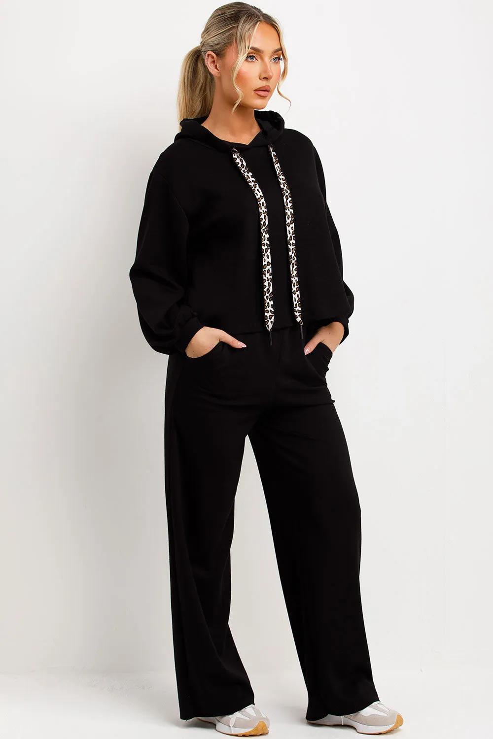 Black Hoodie And Jogger Trouser Lounge Set With Leopard Print Straps