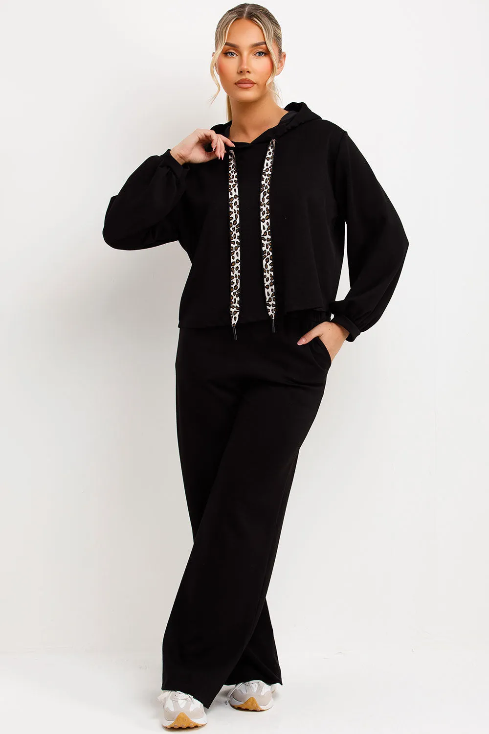 Black Hoodie And Jogger Trouser Lounge Set With Leopard Print Straps