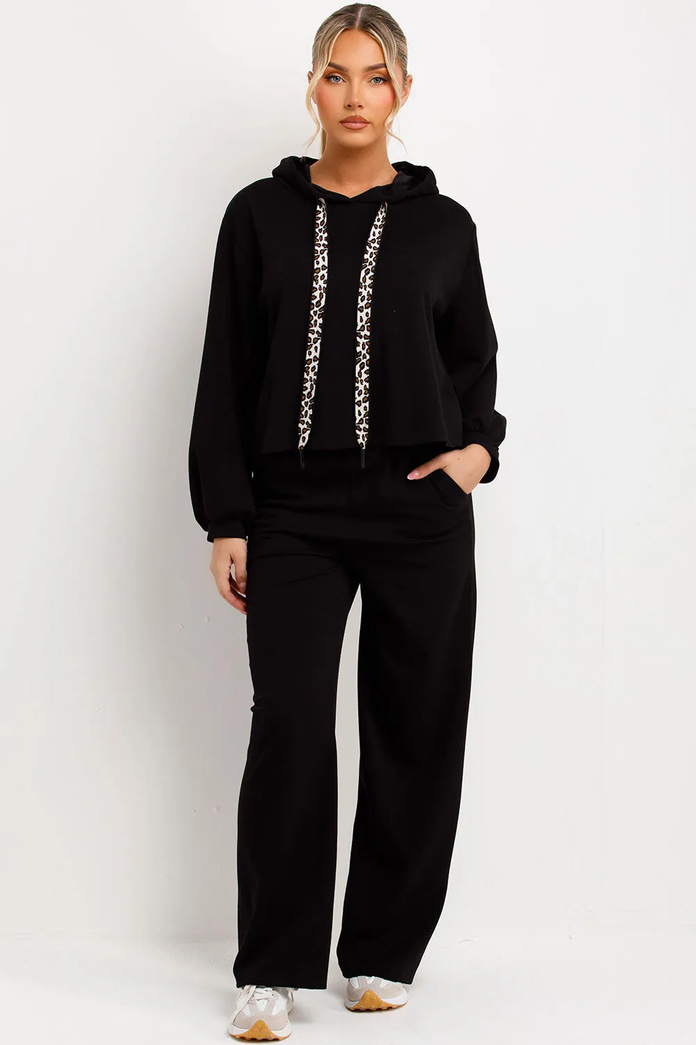 Black Hoodie And Jogger Trouser Lounge Set With Leopard Print Straps