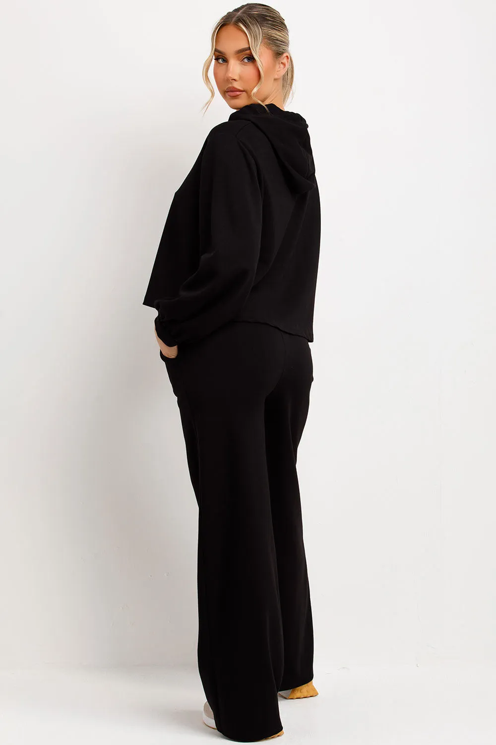 Black Hoodie And Jogger Trouser Lounge Set With Leopard Print Straps