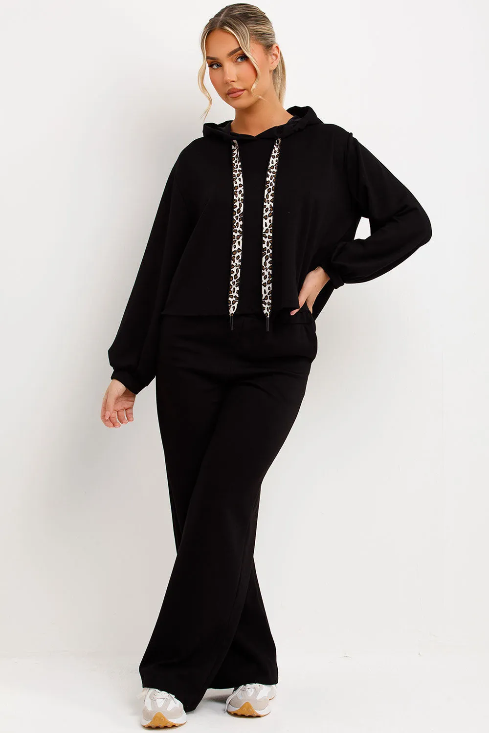 Black Hoodie And Jogger Trouser Lounge Set With Leopard Print Straps