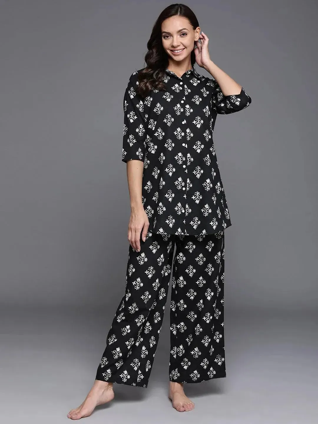 Black Printed Cotton Night Suit