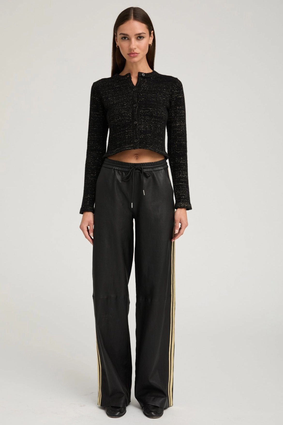 Black & Gold Leather Baggy Athletic Pants Functional Waist