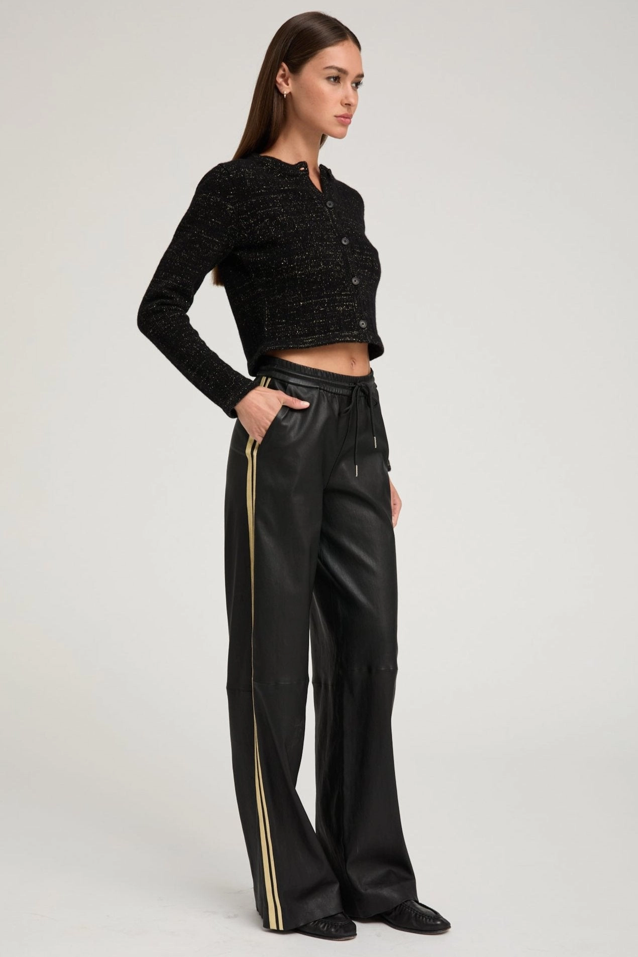 Soft Performance Black & Gold Leather Baggy Athletic Pants