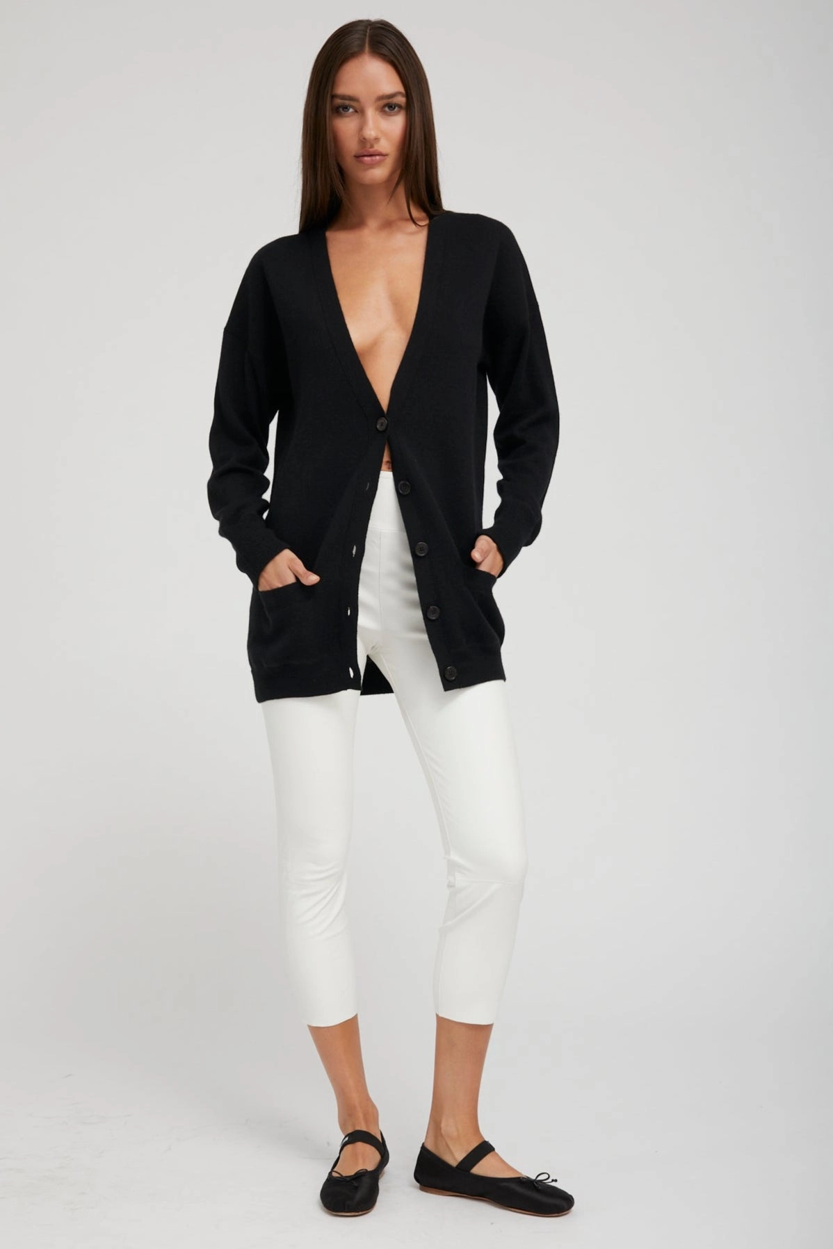 Convertible Collar Black Cashmere Boyfriend Cardigan