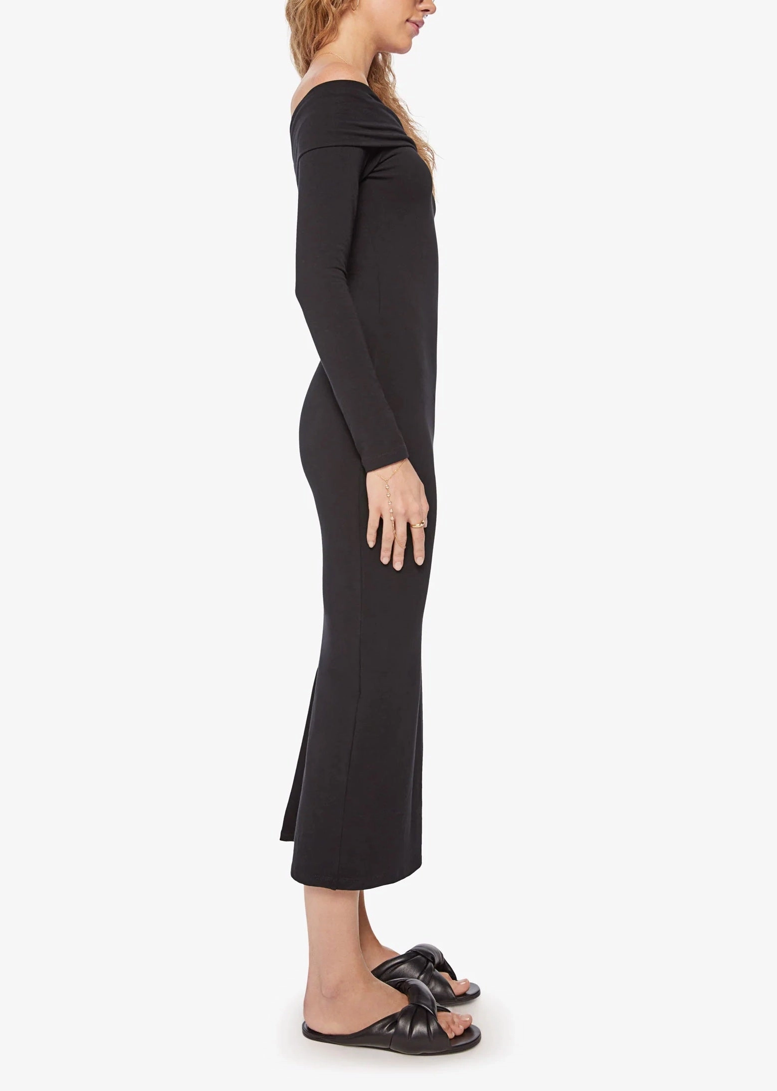 Black City Off Shoulder Dress Button Accent Free Shape